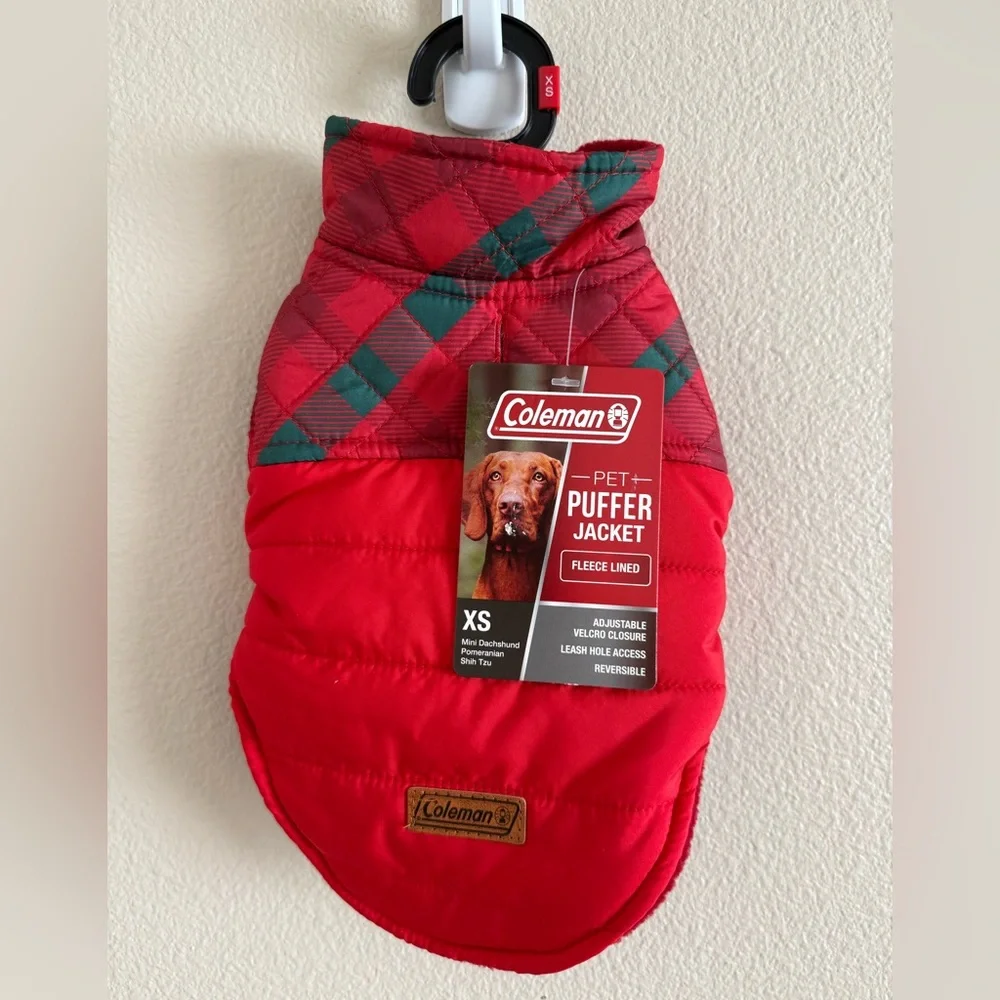 Coleman Pet Puffer Jacket Red Plaid Reversible Fleece Lined Dog Vest XS NWT